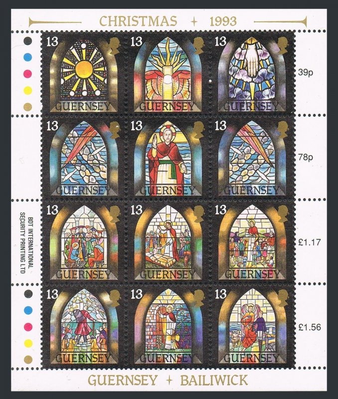 Guernsey 525 sheet,MNH.Michel 622-633 klb. Christmas 1993.Windows:Birds,Dog.