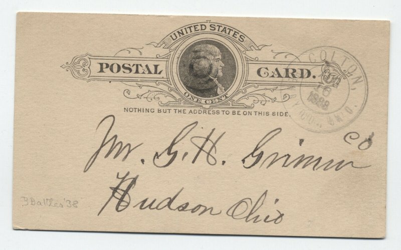 1888 Colton Ohio county name marking on postal card [6029.1743]