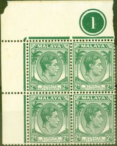 Straits Settlements 1938 2c Green SG293 Die II Fine MNH Plate Block of 4