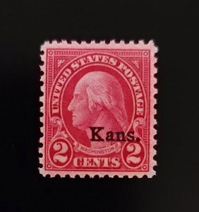 1929 2c U.S. George Washington, Kansas Overprint, Carmine Scott 660 Mint F/VF LH