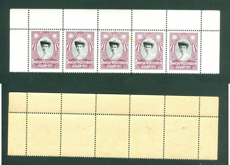 Danish West Indies. 5 Christmas Seal 1911 MNH. Row,With Margin. Crown Princess