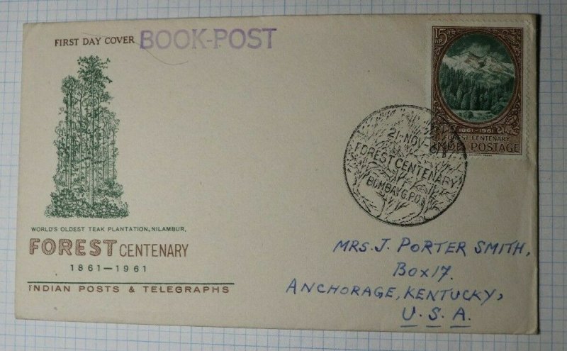 India FDC 1961 Cachet Cover Forest Centenary Book Post Sc# 347