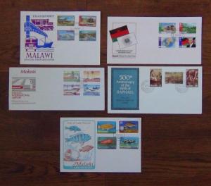 Malawi x 5 First Day Covers 1977-83 Commonwealth Tapestry Flight Fish Transport