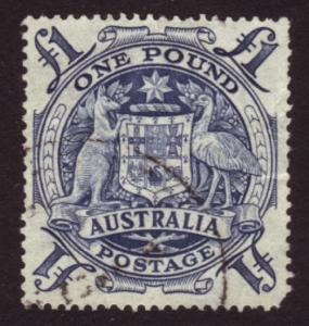 Australia 1949 Sc#220, SG#244c 1 Pound Blue Coat of Arms USED.