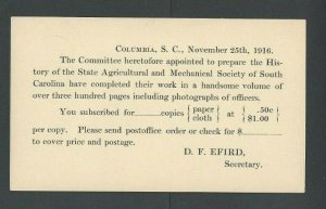 1916 Columbia SC Has Published A Book History Of State Agricultural & ------