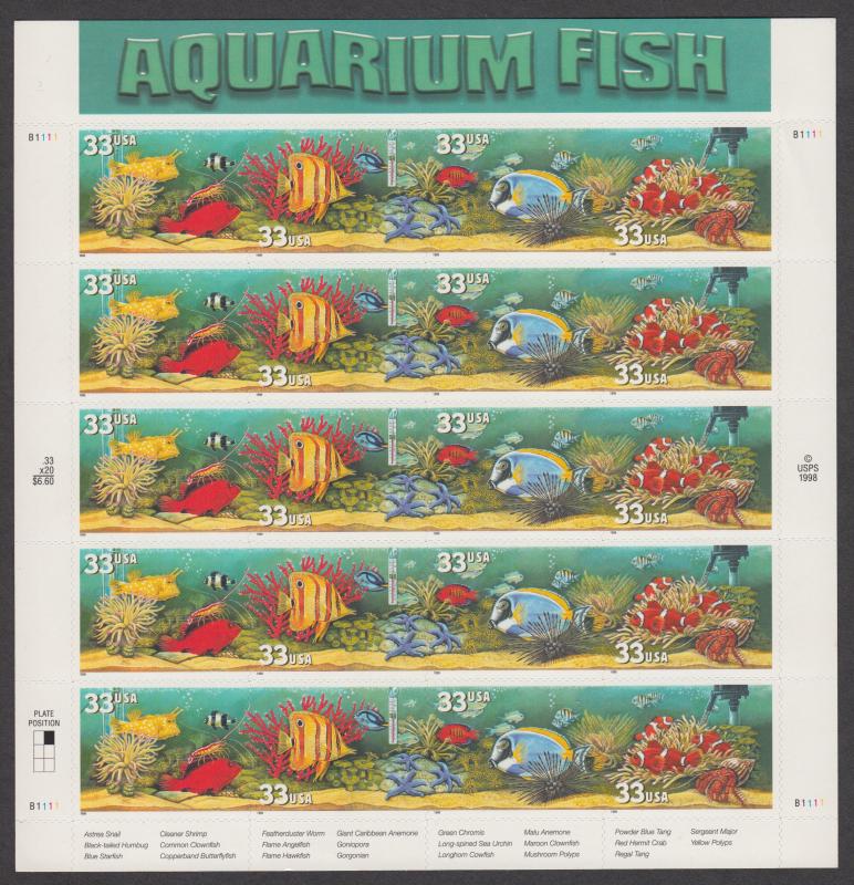 US #3317-20   Aquarium Fish   Full sheet of 20  MNH