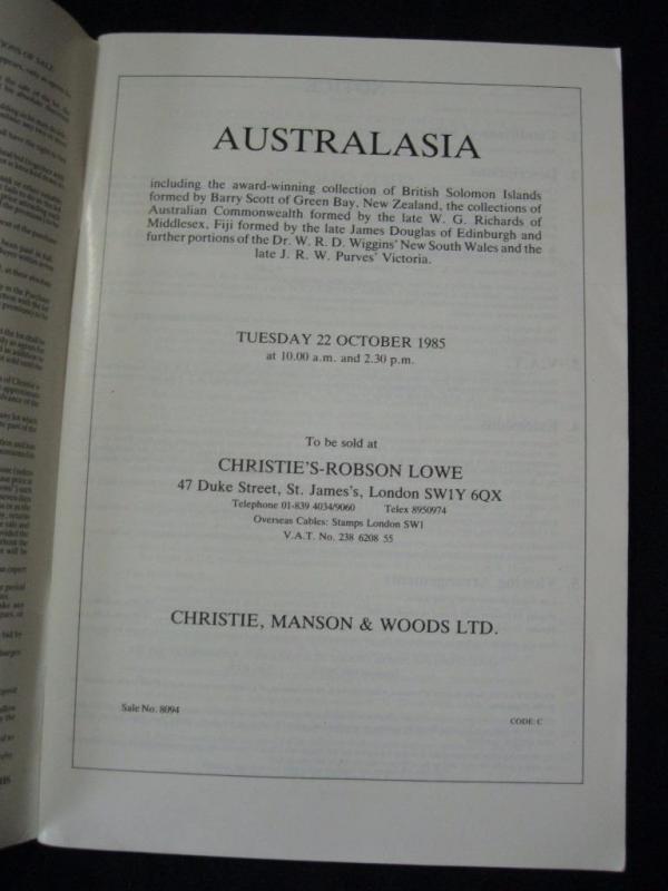 CHRISTIES LOWE AUCTION CATALOGUE 1985 AUSTRALASIA