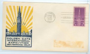 US 852 1939 3c Golden Gate international expo on an addressed (label removed) FDC with a L.W. Staehle cachet.