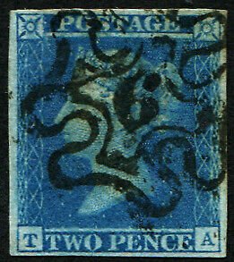 GB 1841 2d blue plate 3 TA very fine used '6 in MX' good upright strike four g