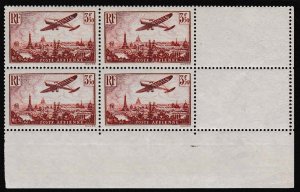 France 1936 1Fr.50 Plane Over Paris. Scott C13 YT PA13.  Block of Four Pristine