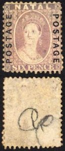 Natal SG62 6d Mauve Opt Postage (Cleand fiscal cancel)