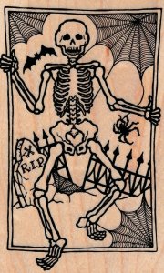 Halloween, RIP, Spider & Webs, Bat with Skeleton wood rubber stamp 3½ x 4 5/8