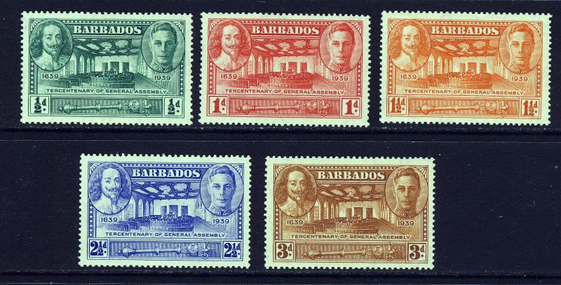 BARBADOS KG VI 1939 General Assembly Tercentenary Set SG 257 to SG 261 MINT 