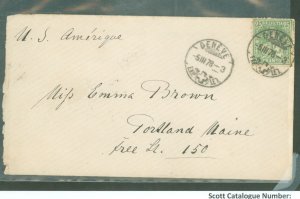 Switzerland 55a Yellow Green on Cover, Geneva, Switzerland to Portland, Maine 3.15.1878, Backstamp New York 3.17.1878, Circular