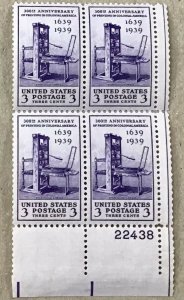  857  Printing 300th Anniversary. 25 MNH 3 cent Plate Blocks FV $3.00 In 1939