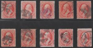 #149 7c 1871 VF // XF USED 10 DIFF CANCELS (1 W/ PURPLE CANCEL) CV $1,008 HV1389