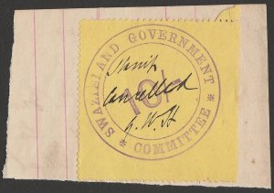 SWAZILAND 1890 'Swaziland Government Committee' 10/- on yellow. Revenue. Rare.