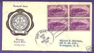 801  PUERTO RICO 3c BLK/4 1937 AT SAN JUAN, RICE FIRST DAY COVER.