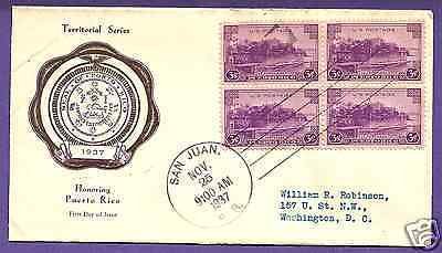 801  PUERTO RICO 3c BLK/4 1937 AT SAN JUAN, RICE FIRST DAY COVER.