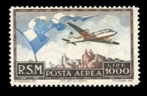 San Marino #C77 Cat$700, 1951 1000L Flag and Plane, never hinged, slight gum ...