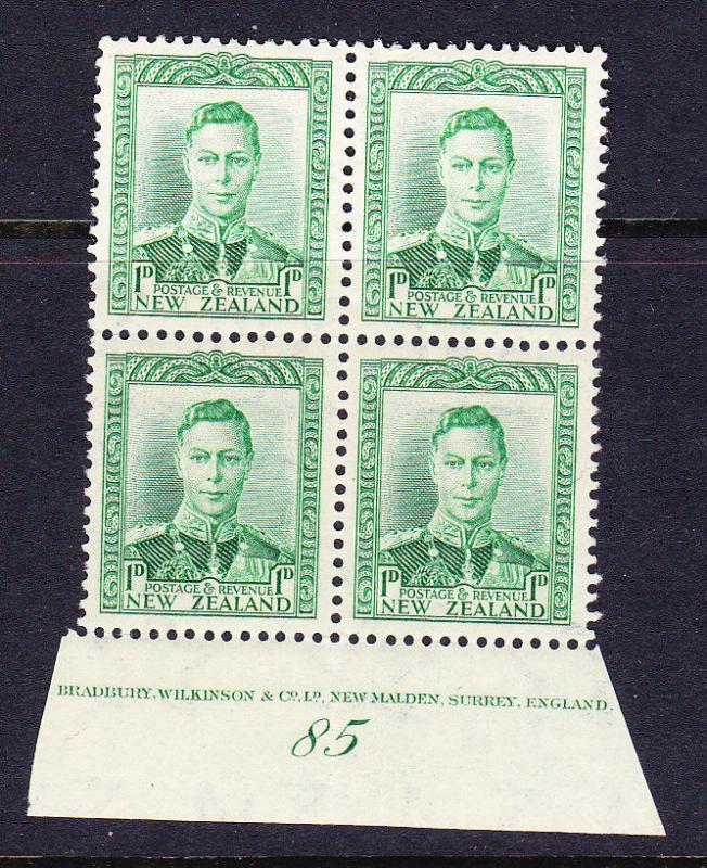 NEW ZEALAND 1938 1d GREEN  KGVI PLATE BLK 4  #85 MNH