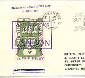 GB Channel Islands GUERNSEY Air Mail Cover 9d BEA RATE INCREASE London 1954 YW66