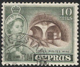 CYPRUS 1955 Sc 171 Used 10m  QE VF,  NICOSIA  postmark/cancel, Copper Mine