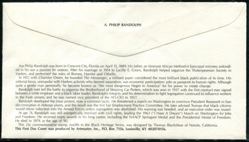 2402 US 25c A. Phillip Randolph FDC,   Artmaster cachet