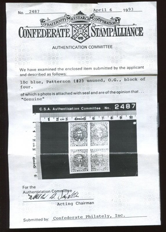 Confederate States 2 Paterson Printing Mint Stamp with CSA Cert  MV65