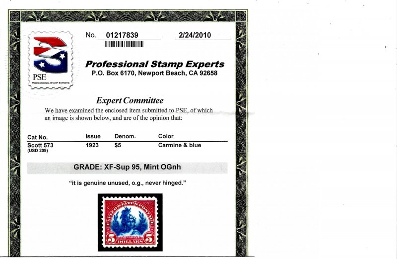 573 Mint,OG,NH... PSE graded 95 XF-Superb... SMQ $375.00