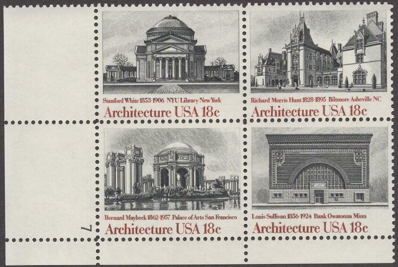 1981 Architecture Plate Block Of 4 18c Postage Stamps, Sc# 1928-1931, MNH, OG