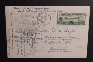 1933 USA Postcard Cover Century of Progress Graf Zeppelin C18 Chicago to Germany