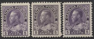 Canada #112, i, a Three 5c George V Admirals F-VF Mint OG Hinged