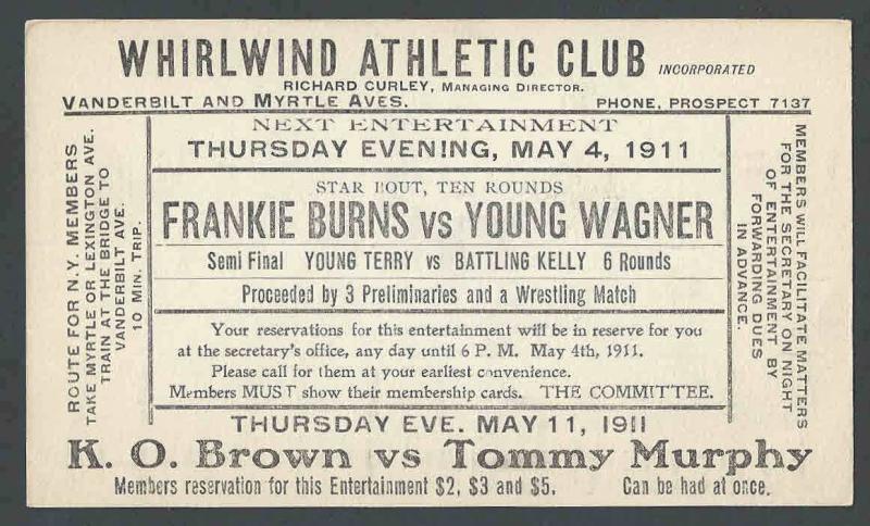 1911 Fighting Sports Boxing Card Announces Fights Of K O Brown Vs Tommy See Info