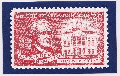 Postcard featuring Alexander Hamilton stamp Scott 1086 (mint condition)