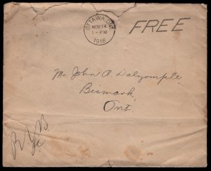 1915 Prime Minister Robert Borden free frank, Ottawa Free machine cancel, to ...
