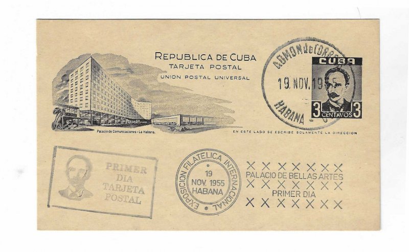 Cuba 1955 3c postal card FDC with cachet