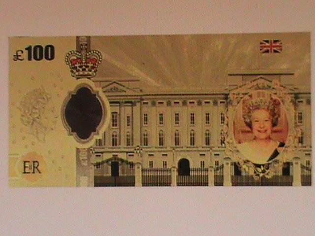 ​UNITED KINDOM-QUEEN ELIZABTH II 24 KARAT GOLD REPLICA $100 -VF WITH CERTIFICATE