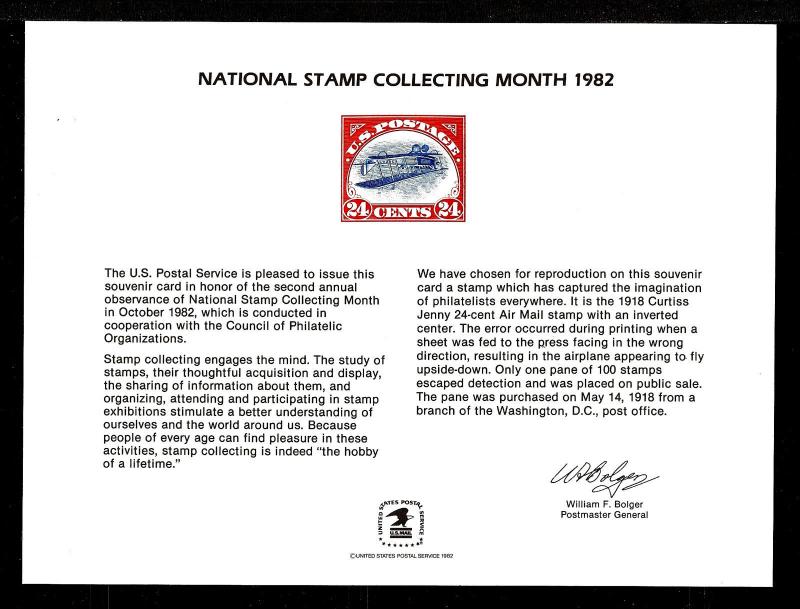 SOUVENIR CARD MINT National Stamp Collecting Month USPS 1982
