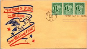 FDC 1943 SC #908 Freedom of Speech & Religion - DC Cancel - Strip of 3 - F60332