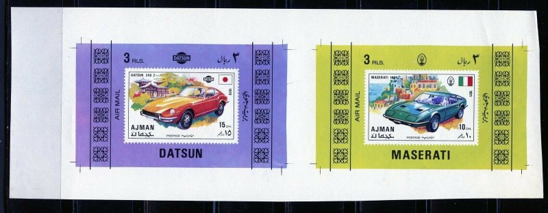 AJMAN  DATSUN AND MASERATI UNCUT  SHEET OF  TWO  IMPERF SOUVENIR SHEETS  MINT 