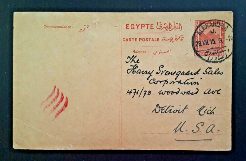 1915 Alexandria Egypt To Detroit Michigan Postcard Cover 