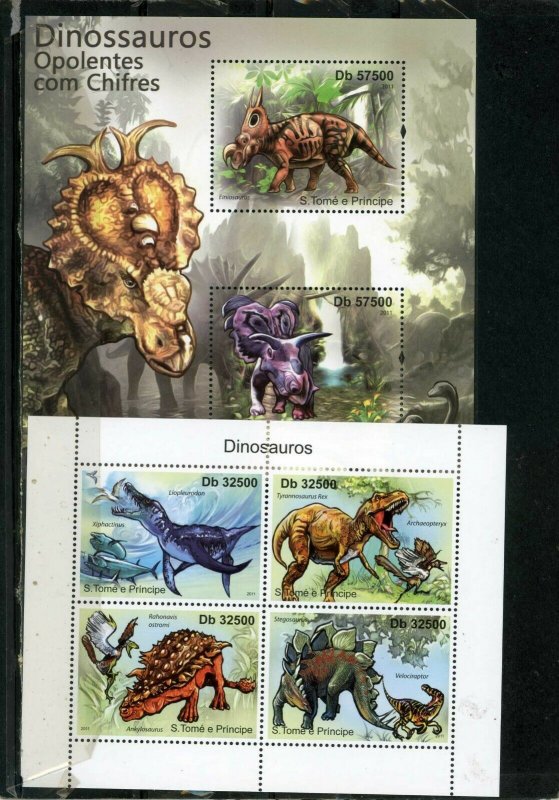 ST.THOMAS & PRINCE ISLANDS 2011 DINOSAURS 2 SHEETS OF 2 & 4 STAMPS MNH