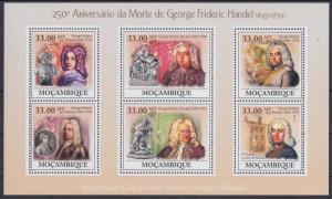 XG-AF160 MOZAMBIQUE IND - Music, 2009 Handel, 6 Values MNH Sheet