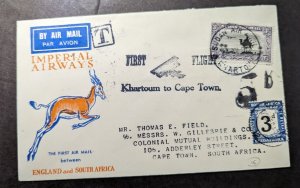 1931 Sudan Airmail First Flight Cover FFC Khartoum to Cape Town South Africa