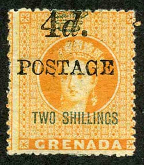 Grenada SG41 4d on 2/- 4mm between 4d and postage a few tone spots Cat 21 pounds