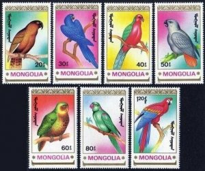 Mongolia 1896-1902, 1903 sheet, MNH. Michel 2182-2188, Bl.155. Parrots, 1990.