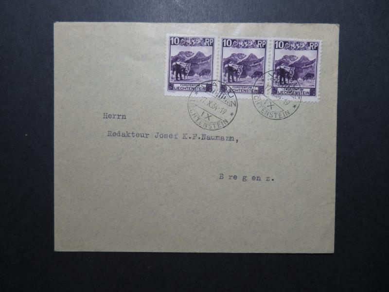 Liechtenstein SC# 96 Strip of 3 On 1934 Cover to Bergenz - Z11844