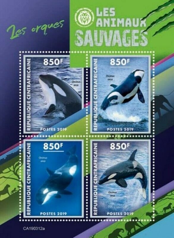 Central Africa - 2019 Wild Animals Orcas - 4 Stamp Sheet - CA190312a