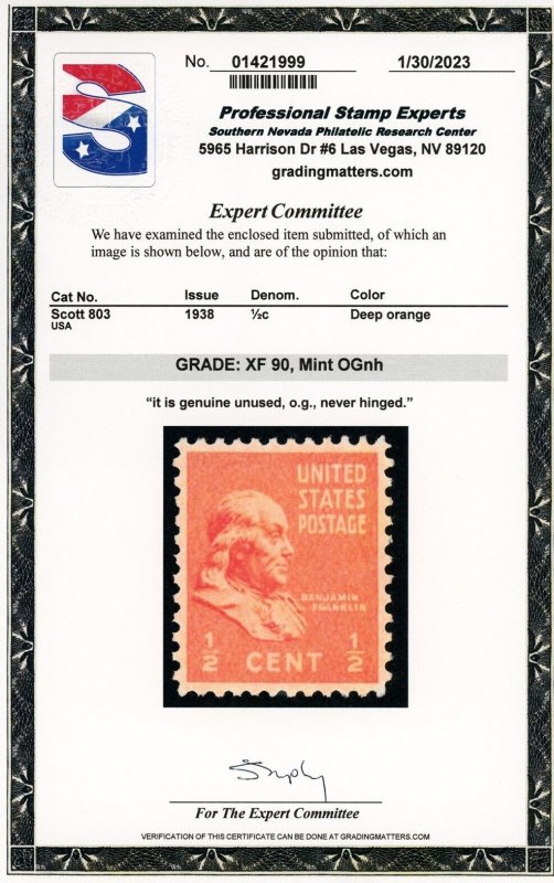 US Stamp #803 Benjamin Franklin 1/2c - PSE Cert - XF 90 - MNH - SMQ $12.00 